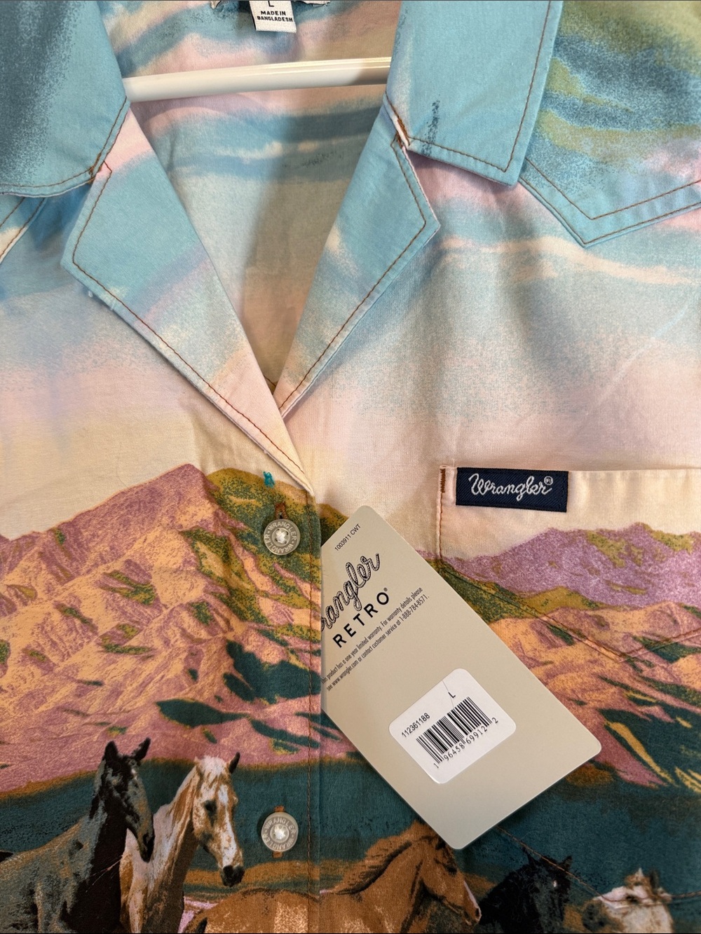 Wrangler Pastel Western Horse Print Tie-Front Crop Top - Blue, Pink, Brown-NWT - Picture 2 of 6
